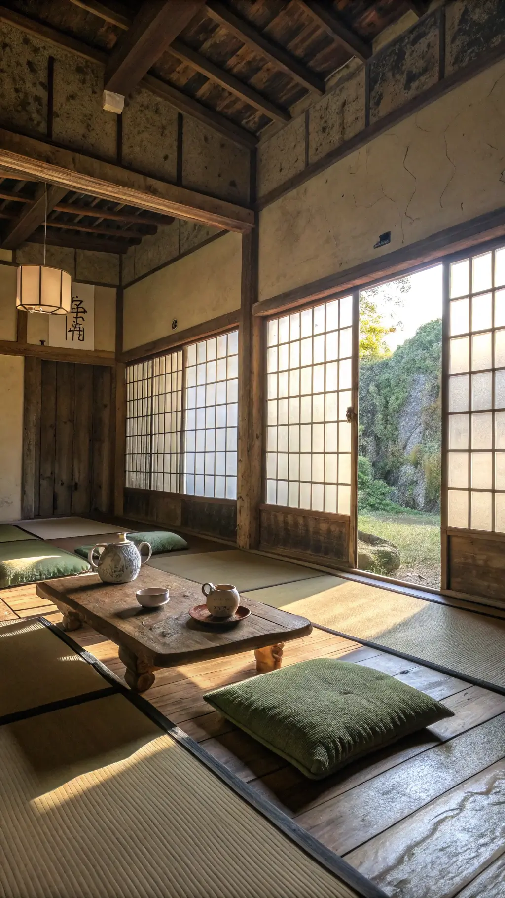 Serene tea room with sunlight filtering through rice paper screens, handcrafted ceramics on a weathered wooden table, moss-green cushions on tatami mats, and natural shadows highlighting wabi-sabi essence