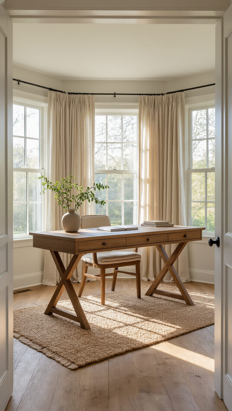 Warm-toned home office with walnut desk angled over jute rug, oak floors, and morning light filtering through oatmeal linen curtains.