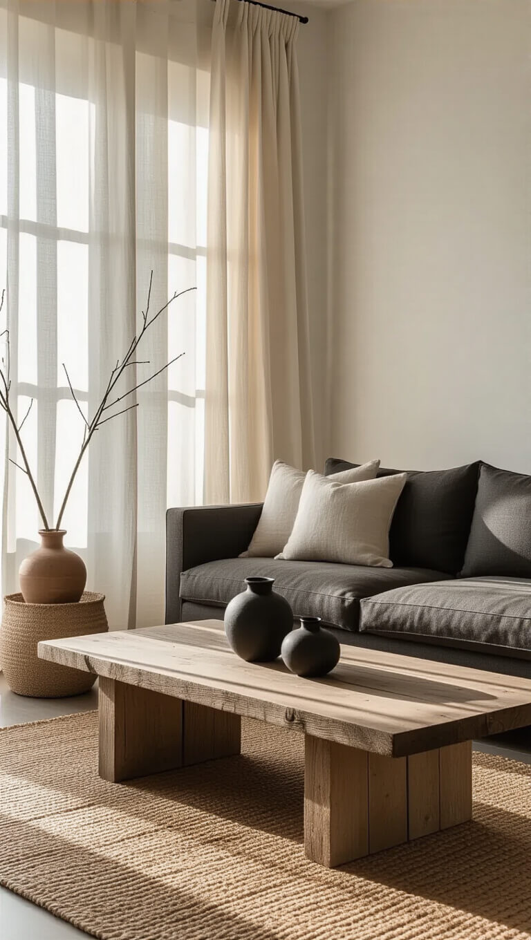 Serene living room at golden hour with charcoal linen sofa, raw oak coffee table, jute rug, and warm natural textures in soft sunlight.