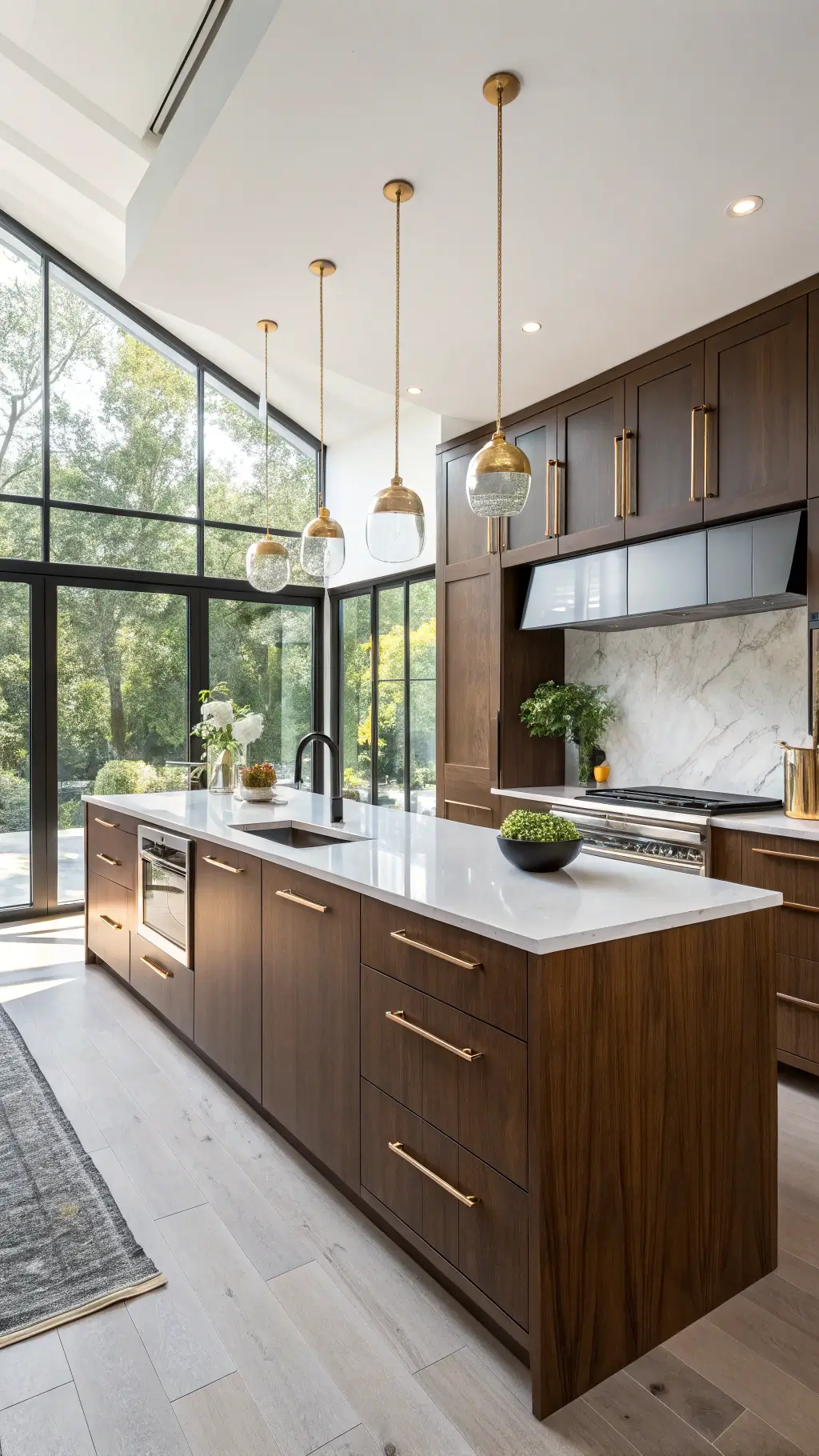 Contemporary kitchen featuring rich walnut cabinets, quartz waterfall countertops, brass pendant lights, matte black ceramics, and fresh herbs in concrete planters bathed in golden hour light