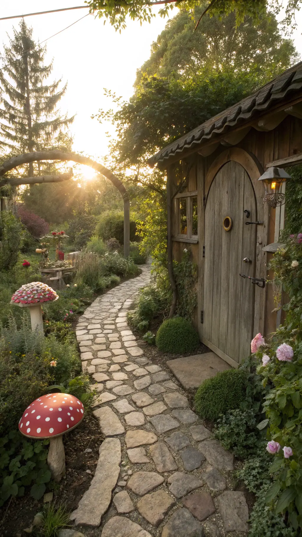 Sunlit cottage garden with cobblestone path, rose arch, handpainted mushroom sculptures, fairy houses, antique teapot planters, and glass orbs