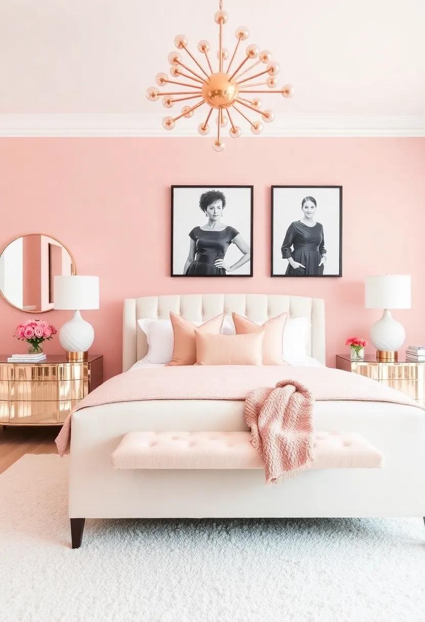 The Blush Power Suite: A chic bedroom with dusty pink walls, cream upholstered bed, and rose-gold lighting fixtures.